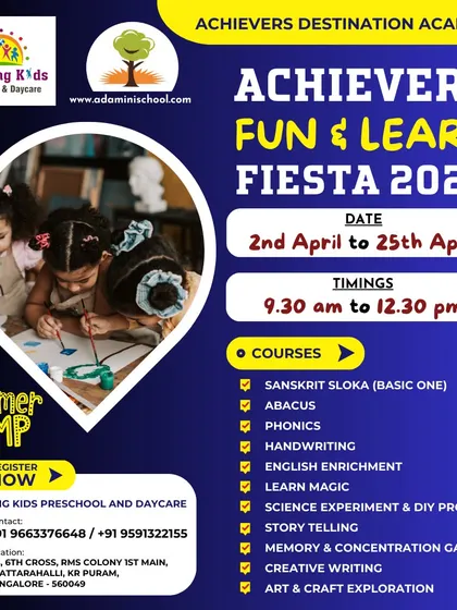 A vibrant flyer for our summer camp at Rocking Kids Preschool in KR Puram. It emphasizes the "Register Now" call to action and lists the full range of courses available.