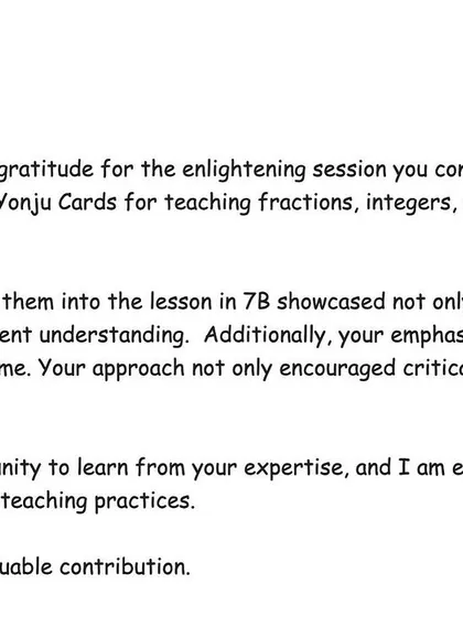 A detailed email from a teacher who was inspired by my use of Yonjuu cards for teaching fractions and my emphasis on questioning skills to foster critical thinking.