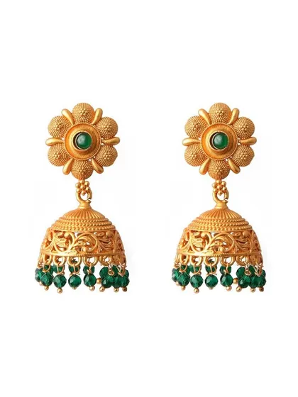 A clean, professional e-commerce shot of gold and green beaded jhumka earrings, isolated on a pure white background to ensure all focus is on the product's detail and design.