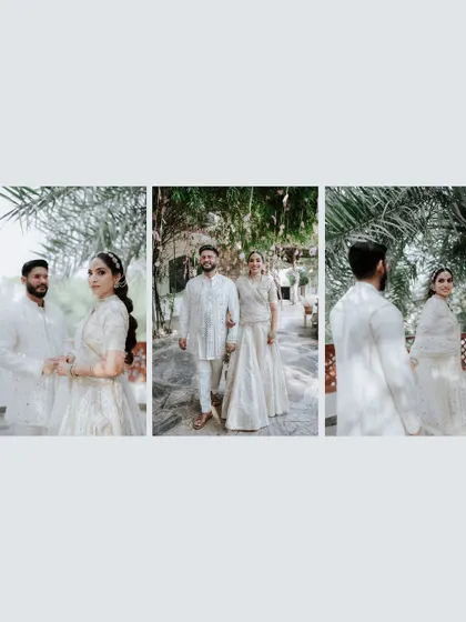 A triptych of a couple in elegant white attire, capturing their serene and graceful presence during a pre-wedding ceremony.