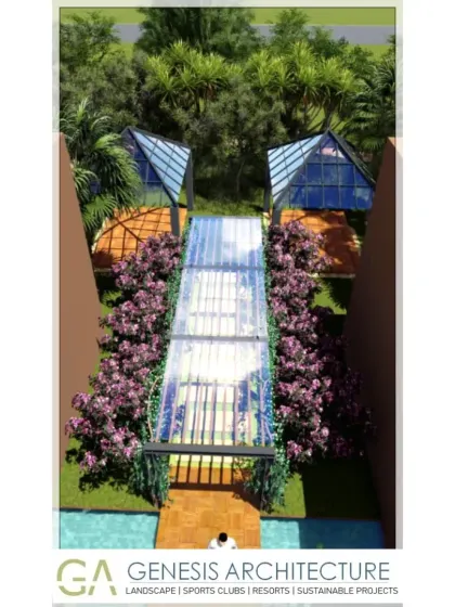 A 3D visualization of a resort entrance walkway. The design features a translucent roof and glass pyramids flanked by flowering plants, creating a magical and welcoming passage for guests arriving for their holiday.