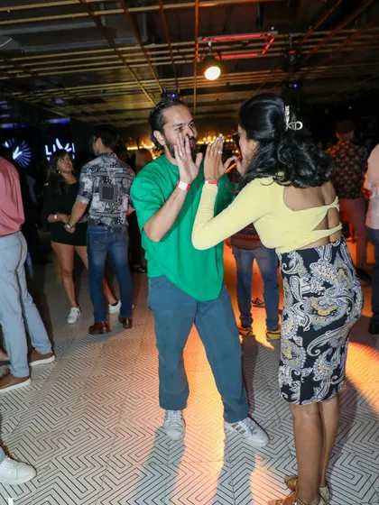 A playful interaction between two dancers, full of energy and fun. Our socials are never dull.