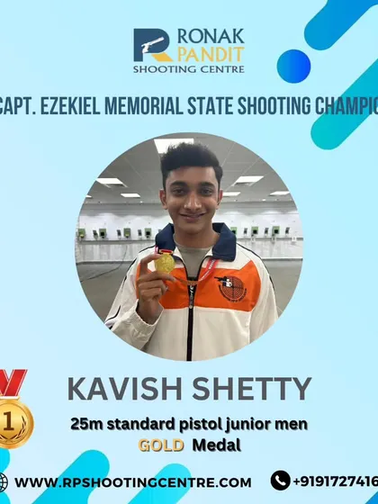A gold medal for Kavish Shetty in the 25m standard pistol junior men event at the 26th Capt. Ezekiel Memorial State Shooting Championship.