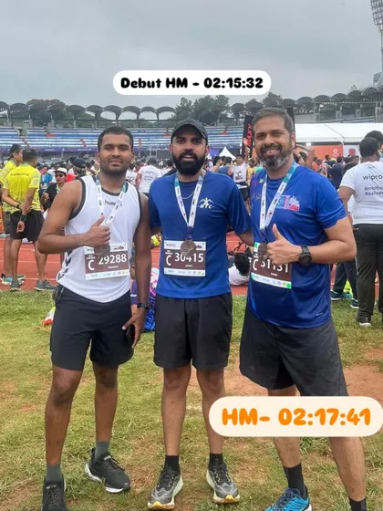 Celebrating a wave of achievements. Here are some of our runners after completing their debut half marathons and 10k races, with their finish times proudly displayed.