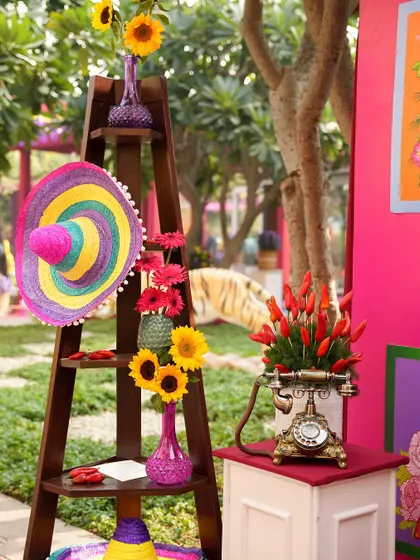 A decorative corner featuring a colorful sombrero, sunflowers, and a vintage rotary phone. This eclectic mix of items creates a fun and visually interesting vignette.