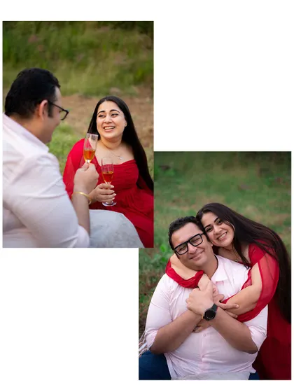 A happy pre-wedding collage of a couple enjoying a picnic, sharing a toast and a warm hug in a lush green field.