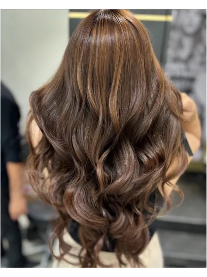 A close-up of the same balayage, showing the intricate blend of light and dark brown tones that create so much dimension.