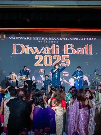 The grand stage at the Ritz Carlton for the Diwali Ball in Singapore. A beautiful setting for a night of music and celebration.
