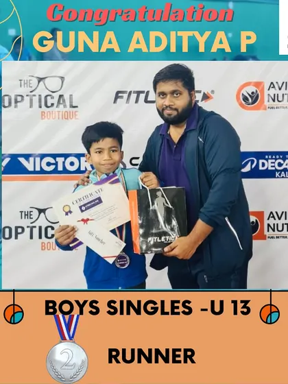 Guna achieved the runner-up position in the Under-13 Boys Singles. Every tournament pushes my students to a new level.