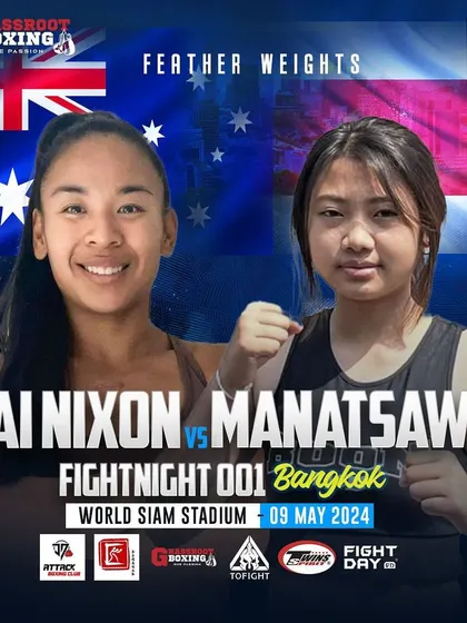 A women's bout poster for our Bangkok event, with a fighter from Australia taking on a local Thai boxer.
