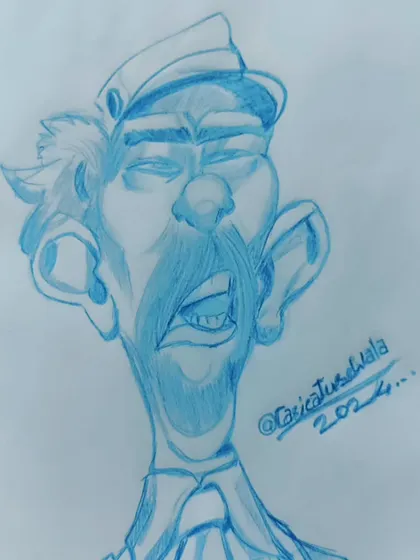 This blue pencil sketch shows a more artistic and expressive style of caricature. The exaggerated features and weary expression create a character with a lot of personality.