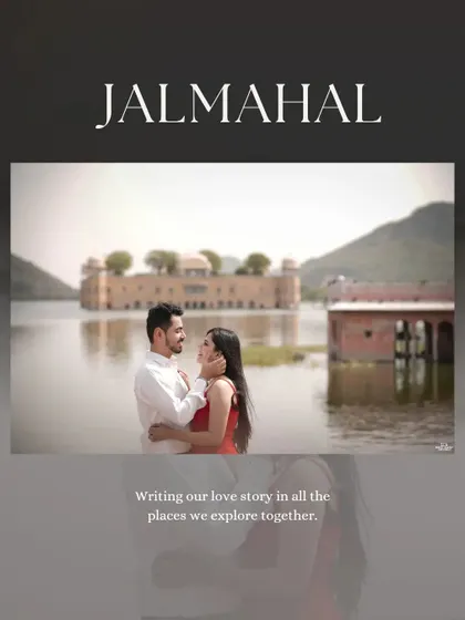 A serene portrait of a couple in front of Jal Mahal in Jaipur, the "Water Palace," creating a tranquil and romantic image.