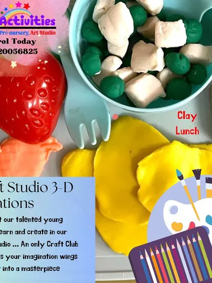 A clay lunch creation from our Craft Studio. This imaginative plate of food, including strawberries and peas, is made entirely from clay, showing how we use pretend play to teach sculpting and fine motor skills.