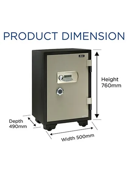 This image details the product dimensions of the 110 kg Fire Warrior 77 safe. With a height of 760mm and a volume of 67 litres, it offers substantial capacity within a footprint suitable for offices and homes.