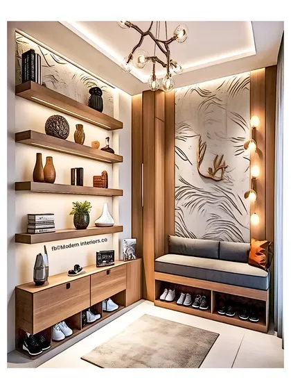 A luxurious entryway design with floating shelves, a comfortable seating bench, and beautiful wall textures. The unique lighting fixtures make this space feel very high-end.