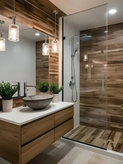 This bathroom has a warm, rustic charm with its wood-paneled walls and stone vessel sink. The glass pendant lights add a touch of modern elegance.