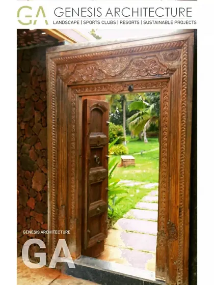 An entrance should tell a story. This antique carved wooden door opens into a 3-acre farm retreat we developed, where we planted 250 native trees to create a thriving habitat for local birdlife, turning a simple path into a journey.