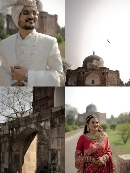 A four-part story of a royal wedding shoot. It includes portraits of the bride and groom, architectural details, and a sense of the grand, historic location.