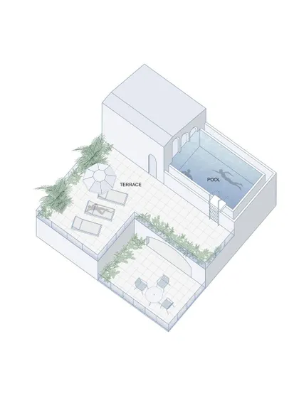 This axonometric drawing illustrates the spatial planning for the Arte Apartments. I focused on user activity flow, creating a seamless progression from private spaces to semi-private areas, culminating in a spacious terrace with panoramic views.