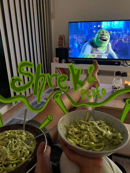 Shrek and pesto, a perfect match. I added some fun green text to this photo of our movie night dinner.