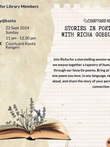 Poster for "Stories in Poetry," a storytelling session for library members with Richa Gobburu, where participants shared poems and their personal connections to them.