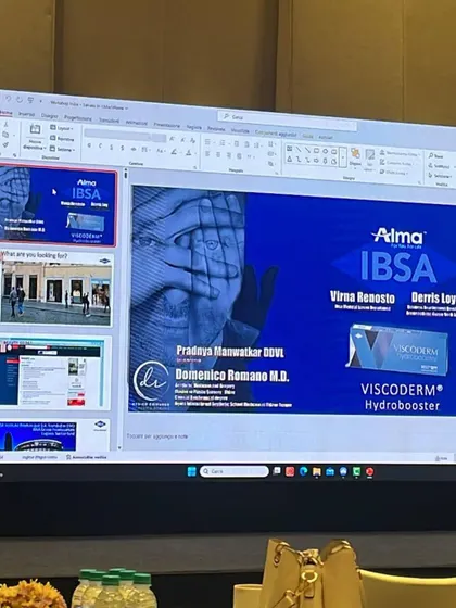 A view of the presentation screen at the Profhilo seminar, focusing on the technical aspects of new hydrobooster treatments.