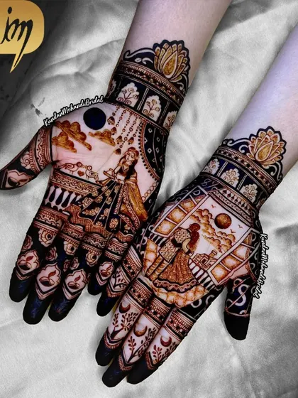 A full view of a stunning Karwa Chauth design, combining romantic portraits with bold, dark patterns for a striking look.