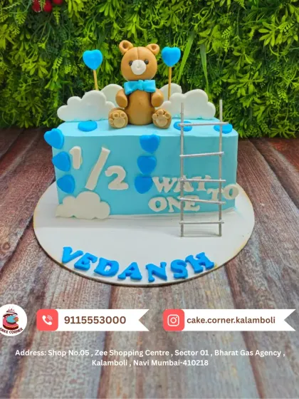 Halfway to one! A cute half-birthday cake for Vedansh, featuring a teddy bear climbing a ladder. A great way to celebrate the six-month milestone.