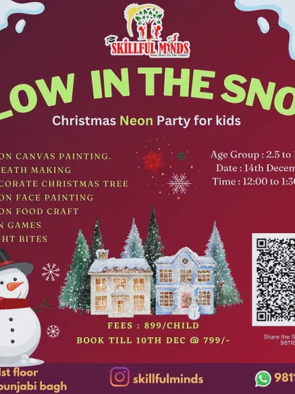 Event details for a 'Glow in the Snow' Christmas neon party. I love creating magical experiences with activities like neon canvas painting and wreath making.