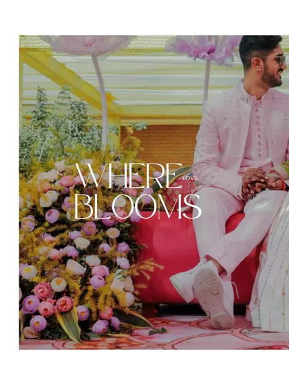 A detail shot of the groom's pastel pink outfit, perfectly complementing the floral theme of their Mehendi ceremony. Where love blooms, so does style.