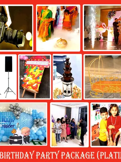 We offer bespoke first birthday packages for boys and girls. This image showcases elements from our Platinum package, including custom decor like the 'Boss Baby' theme, a chocolate fountain, and professional event photography.