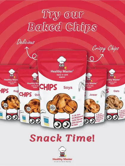 Craving chips? Go for our delicious and crispy baked chips. With varieties like Ragi, Quinoa, Soya, Jowar, and Oats, there's a healthy option for every snack time.