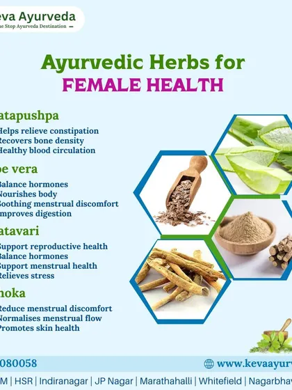 This graphic showcases key Ayurvedic herbs I use for female health. Shatavari and Ashoka help balance hormones and support menstrual health, while Shatapushpa and Aloe Vera aid digestion and nourishment, forming the basis of my women's care programs.