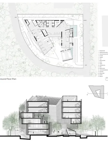 The ground floor plan and a cross-section of the Mankind HQ. These drawings show how the building cantilevers over a public courtyard, preserving outdoor views for the workspaces above while sheltering the community spaces below.