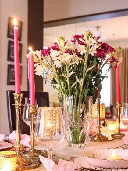 The pink and gold theme of this Diwali tablescape feels so soft and celebratory.