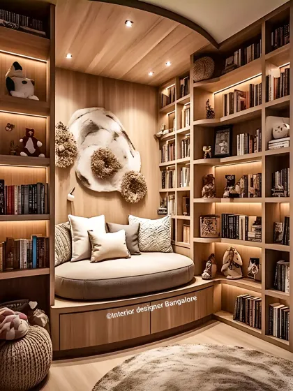 A cozy and inviting reading nook built into a corner library. The curved seating area is surrounded by floor-to-ceiling bookshelves with integrated lighting, creating the perfect spot to get lost in a book.