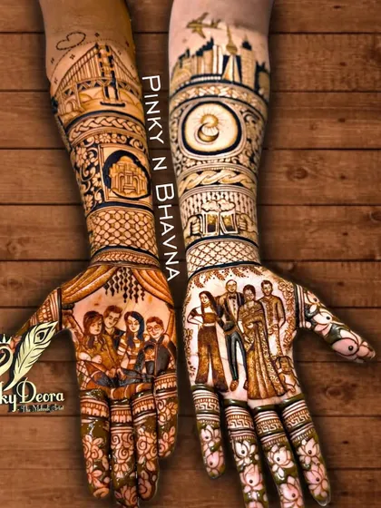 A truly modern love story told through mehndi. This design features portraits of the couple, their friends, and cityscapes that are meaningful to them.