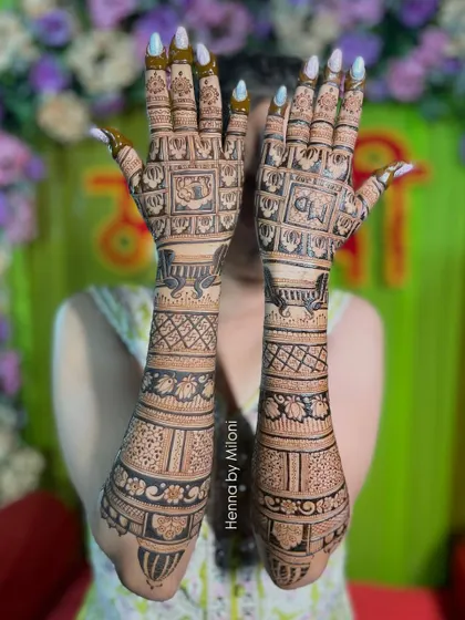This full coverage bridal mehendi extends up to the elbows, featuring a grid of intricate story boxes, floral bands, and traditional jaal patterns.