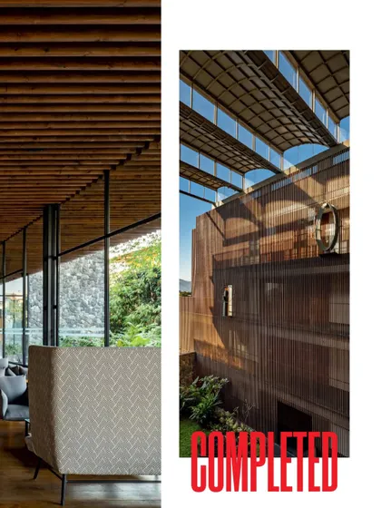 A composite image celebrating the completion of the Radisson Resort, highlighting the wood-clad exterior and the warm, inviting interior lounge.
