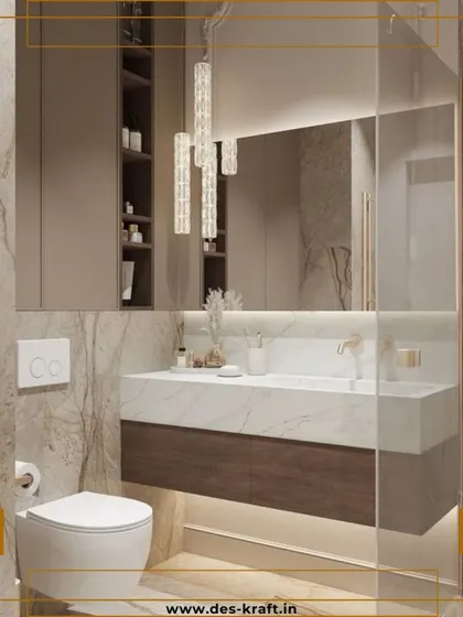 A luxurious bathroom featuring floor-to-ceiling marble, a floating wood and marble vanity, and elegant pendant lighting for a sophisticated, hotel-like experience.