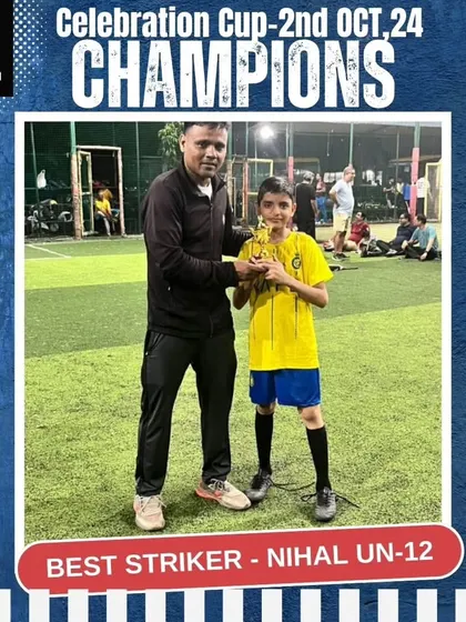 Recognizing individual excellence is key to building confidence. Our player Nihal receives the Best Striker award for the Under-12 category at the Celebration Cup for his outstanding performance.