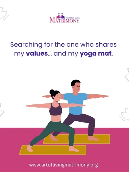 An illustration of a couple doing yoga together. The caption says it all: "Searching for the one who shares my values... and my yoga mat."