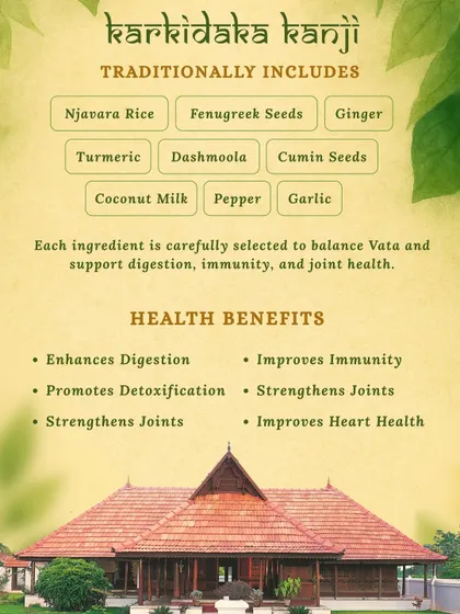 An infographic on Karkidaka Kanji, the nourishing monsoon elixir. It details the traditional ingredients like Njavara rice, fenugreek, and Dashmoola, and lists its many health benefits.