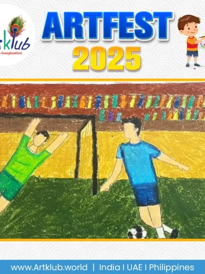 A junior artist's drawing of a football match, showing a goalie diving to save the ball. The intense action is the focus of this piece.
