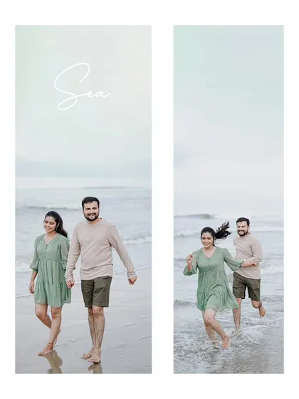 A two-panel vertical shot capturing the couple's playful and romantic walk along the shoreline of a Goan beach.