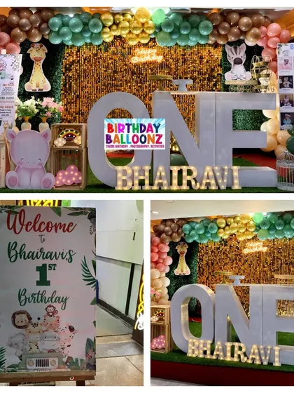 This collage shows the key elements of a jungle safari party. It includes the main stage with a "ONE" marquee, a personalized welcome sign, and a milestone board, all tied together with a green and gold color scheme.