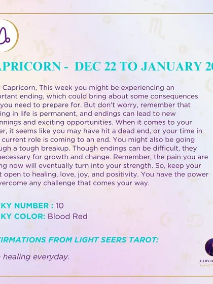 This week's tarot guidance for Capricorn. You might be experiencing an important ending. Though endings can be difficult, they are necessary for growth and change.