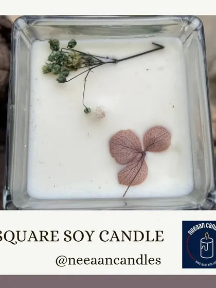 Warmth, comfort, and a clear conscience. This square soy candle with dried botanicals is a simple joy, bringing natural beauty and a soft glow to your home.
