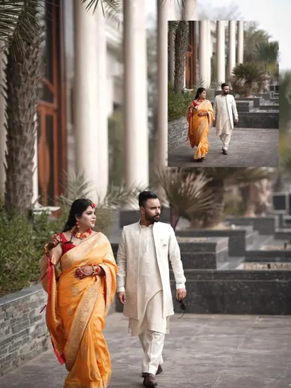A full-length shot of the couple walking, showcasing their elegant Haldi attire and the beautiful venue.