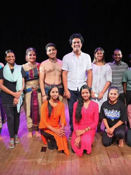 A group photo with the talented performers from day one of the Canvas Dance Festival 2023. The festival featured a diverse lineup of artists presenting Bharatanatyam, Odissi, Yakshagana, and contemporary dance.